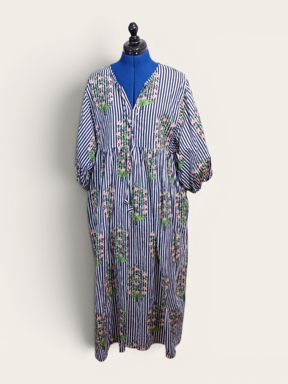 Vista Cotton Prints Striped Floral Dress With Puffy Sleeves Size Small